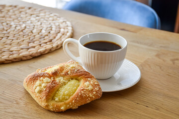 Coffee and sweet cake with pudding