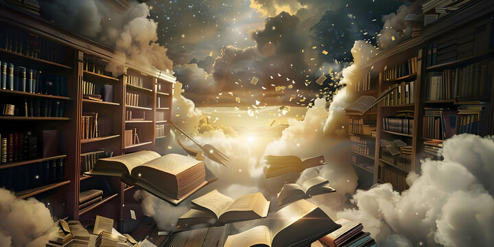 Surreal library with books floating in clouds, illuminated by warm light. A dreamlike scene intertwining literature and fantasy.