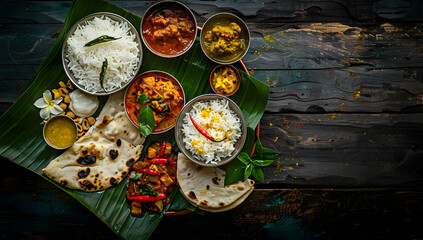 Traditional Indian meal served on a banana leaf with rice, curries, chapati, and various accompaniments over a rustic wooden background.