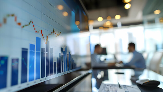 Two professionals discussing data analytics in a modern office with financial graphs displayed on a screen in the foreground.
