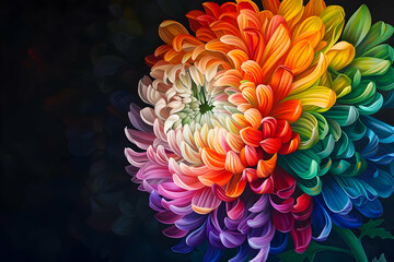 Obraz premium Vibrant multicolored chrysanthemum displaying a stunning array of petals in a beautiful gradient against a dark background.
