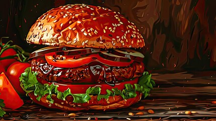 Delicious juicy burger with fresh lettuce, tomato, and cheese in a sesame seed bun against a rustic wooden backdrop.