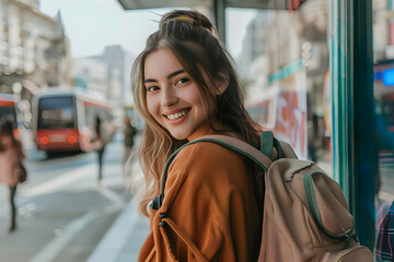 Fototapeta premium Young woman with a backpack smiling at a city bus stop, blending perfectly into the urban scene with buses and people in the background.