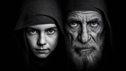 Fototapeta premium Two portraits of a man and woman with black backgrounds, AI