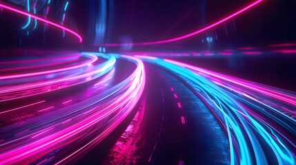 Obraz premium Vibrant neon light trails captured in motion, ideal for dynamic and futuristic visuals. 