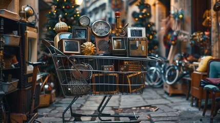A shopping cart overflowing with an array of vintage electronics is set against a festive background complete with decorated trees and assorted curiosities, evoking warmth and nostalgia.