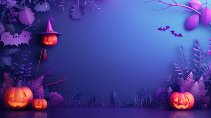 Flat design Halloween illustration with witch, pumpkins, and flying broomstick on spooky night