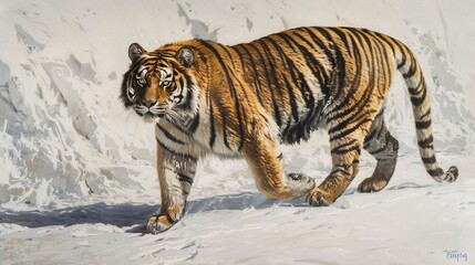 Obraz premium A stunning painting of a tiger walking through a snowy landscape, capturing the fierce beauty and majestic presence of the tiger amidst the cold, white surroundings in an artistic style.