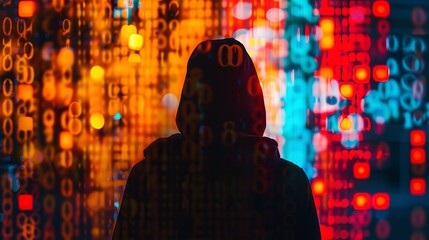 A hooded figure is silhouetted against a background of red and yellow digital numbers, creating a dramatic scene that evokes themes of hacking, security, and the digital world.