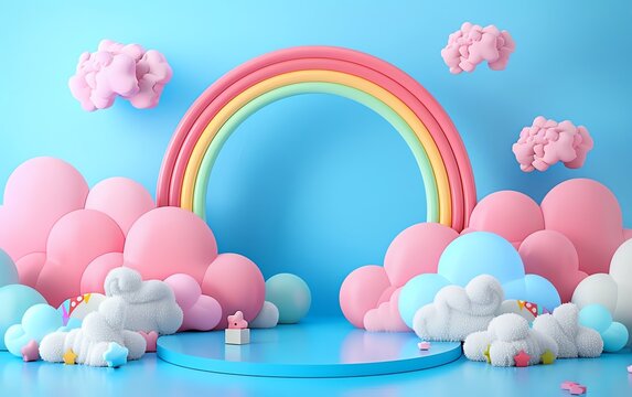 Baby podium background, cute 3D cloud, kid product display, blue children banner, toy design, rainbow stand, studio presentation, shower template