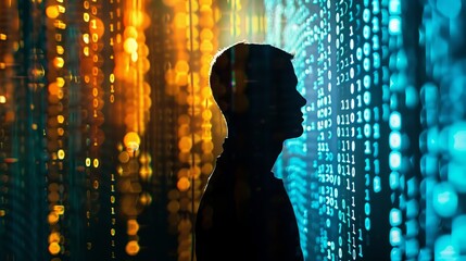 A silhouette of a person facing a wall of binary code with orange and blue digital elements representing data, technology, and the intersection of human and digital realms.