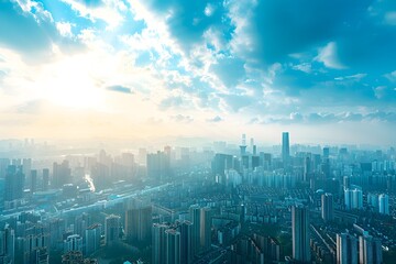 Aerial View of a Cityscape with Blue Sky and White Clouds