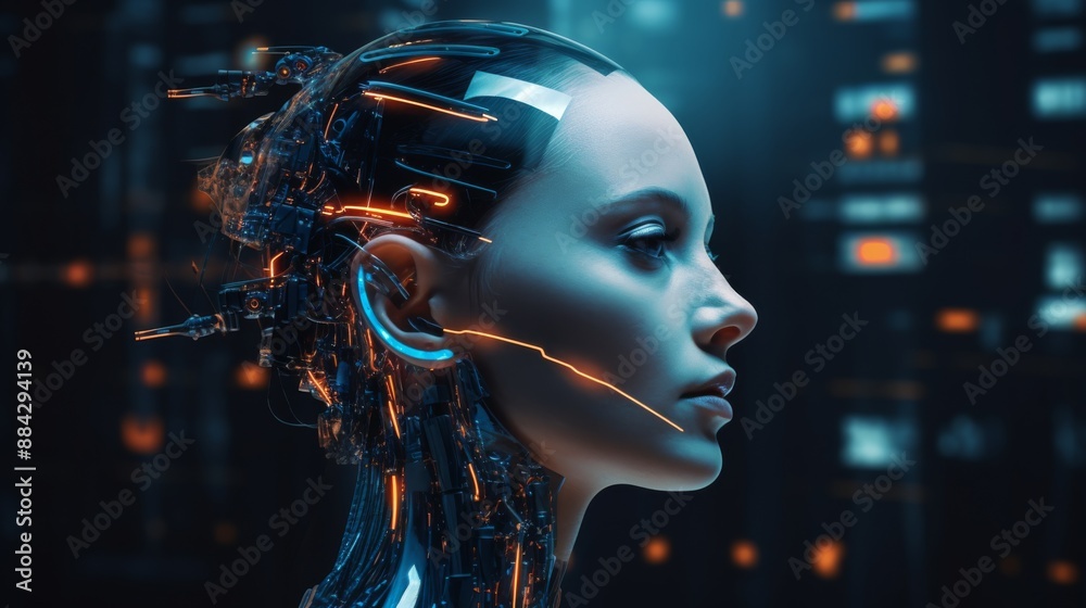 Poster digital humanoid head with holographic ai interface