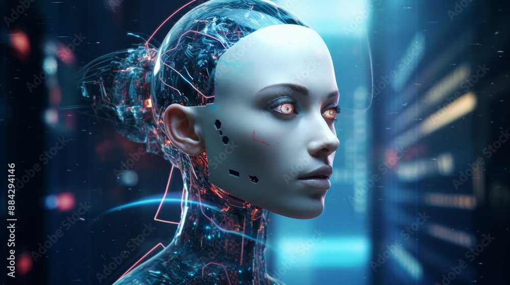 Poster digital humanoid head with holographic ai interface