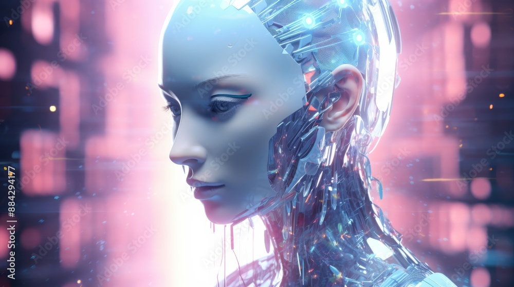 Aufkleber digital humanoid head with holographic ai interface