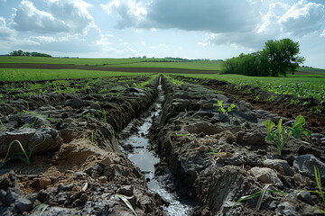 Ravine with water flowing on ground. Water and wind soil erosion formed ravine on soil, covered with green grass, under blue sky with white clouds. Concept of landscape changes, loss natural habitats
