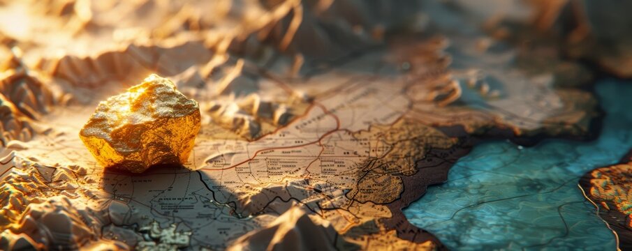 High-detail 3D map of fantasy terrain showing mountains and rivers with a gold nugget, perfect for adventure-themed projects.