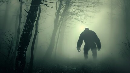 A captivating and eerie silhouette of Sasquatch amidst a misty woodland scene, representing the mystique of this legendary creature and invoking curiosity and unease.