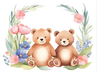 Obraz premium Charming watercolor illustration of two teddy bears surrounded by vibrant spring flowers and greenery, creating a delightful and whimsical scene.