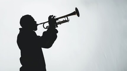 This minimalistic style photograph features a silhouetted musician playing the trumpet. The background is white, focusing attention on the player and the instrument.
