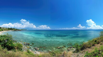 Scenic panorama of clear skies over a tranquil ocean, perfect for vacation themes.