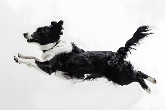 Border collie dog jumping in full action on white background
