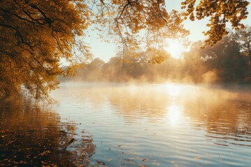 Obraz premium Misty morning view of a calm lake