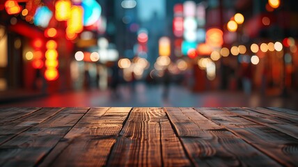 Wooden table with blurred background, out of focus light and shadows in a cityscape at night.  For Christmas, Birthday, anniversary party celebration wallpaper with copyspace.