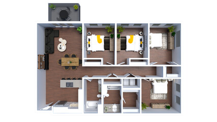 3d floor plan rendering for Three bedroom ,kitchen, living , and Bathroom. 	