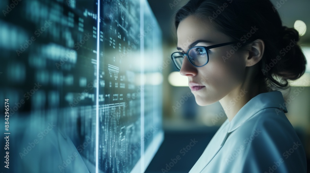 Poster female scientist in glasses reviewing brain research data in laboratory setting copy space neutral l