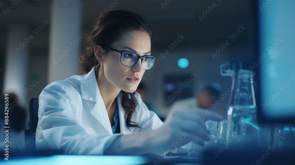 Poster female scientist in glasses reviewing brain research data in laboratory setting copy space neutral l