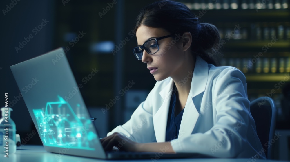 Poster female scientist in glasses reviewing brain research data in laboratory setting copy space neutral l