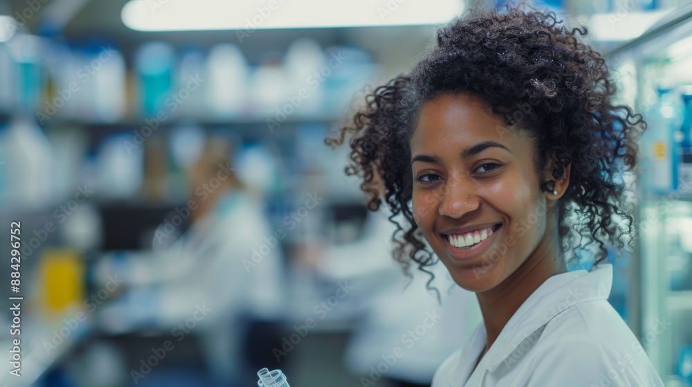 Poster female student with a large pipette in hand, smiling in a spacious laboratory