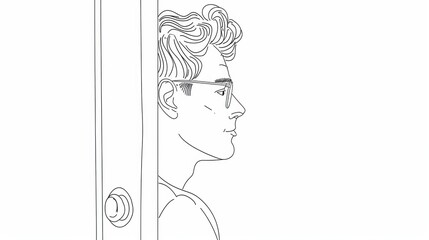 Illustration of a man wearing glasses, leaning against a door frame with a calm expression. The minimalist line art focuses on simplicity and elegance.