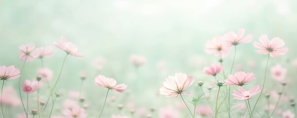 Fototapeta premium Tranquil meadow, soft pastel flowers, open sky, minimal Watercolor style
