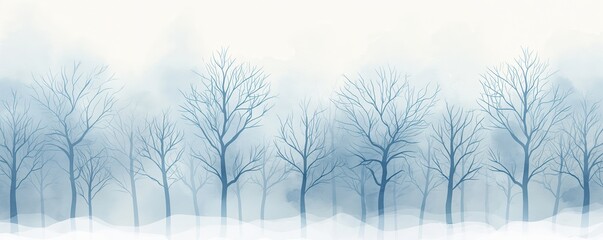 Snow-covered forest, bare trees, crisp air, minimal Watercolor style