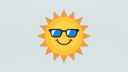 Cartoon sun wearing cool sunglasses and face smile, shining brightly against a clean white background, simple flat style for summer print design, t-shirt, illustration, clip art