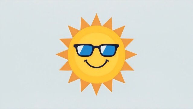Cartoon sun wearing cool sunglasses and face smile, shining brightly against a clean white background, simple flat style for summer print design, t-shirt, illustration, clip art