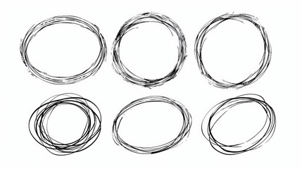 A collection of six hand-drawn, sketchy circles, presented in a black-and-white style, each varying slightly in texture and darkness, ideal for abstract and minimalist designs.