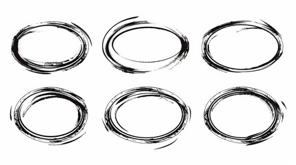 A diverse set of six hand-drawn, brush-stroke ovals in black, each showcasing unique strokes and textures, perfect for abstract art and modern design projects.