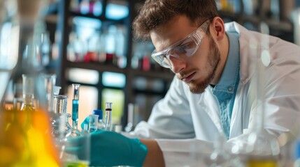 Focused student mixing chemicals in chemistry lab, wearing safety goggles and lab coat, clean background