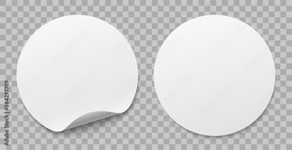 Poster circle adhesive paper round stickers with peeling corner and shadow, isolated rounded empty mockup, 
