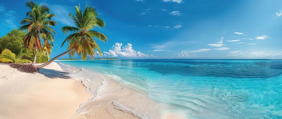 Beautiful tropical beach with palm trees and turquoise water in the style of the Maldives island panorama banner, panoramic view