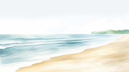 Secluded beach, gentle surf, empty shore, minimal Watercolor style