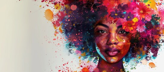 Black woman with colorful flowers in her hair, in the style of paint splash digital art