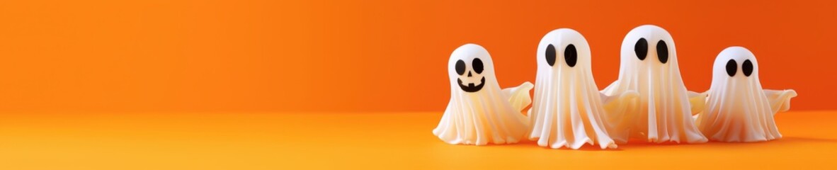 A ghost is standing on a yellow background. Free copy space for text.