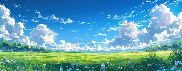 Blue sky, white clouds and green grassland, with some small flowers blooming on the ground