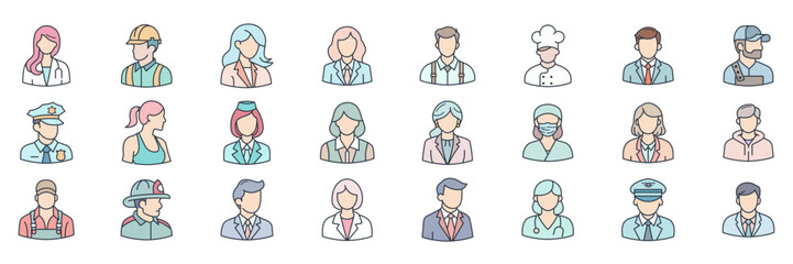 Different professions avatars icons set, Included icons as accountant, chef, teacher, doctor and more symbols collection, logo isolated vector illustration