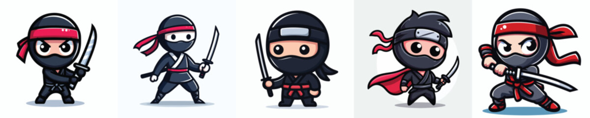 vector set of cute ninja kids