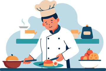 Illustration of a chef in a kitchen preparing a meal with fresh ingredients and kitchen utensils.
